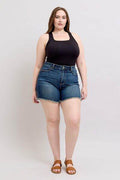 Judy Blue Tummy Control Fray Hem & Shield Back Pockets Denim Shorts - Hovatok