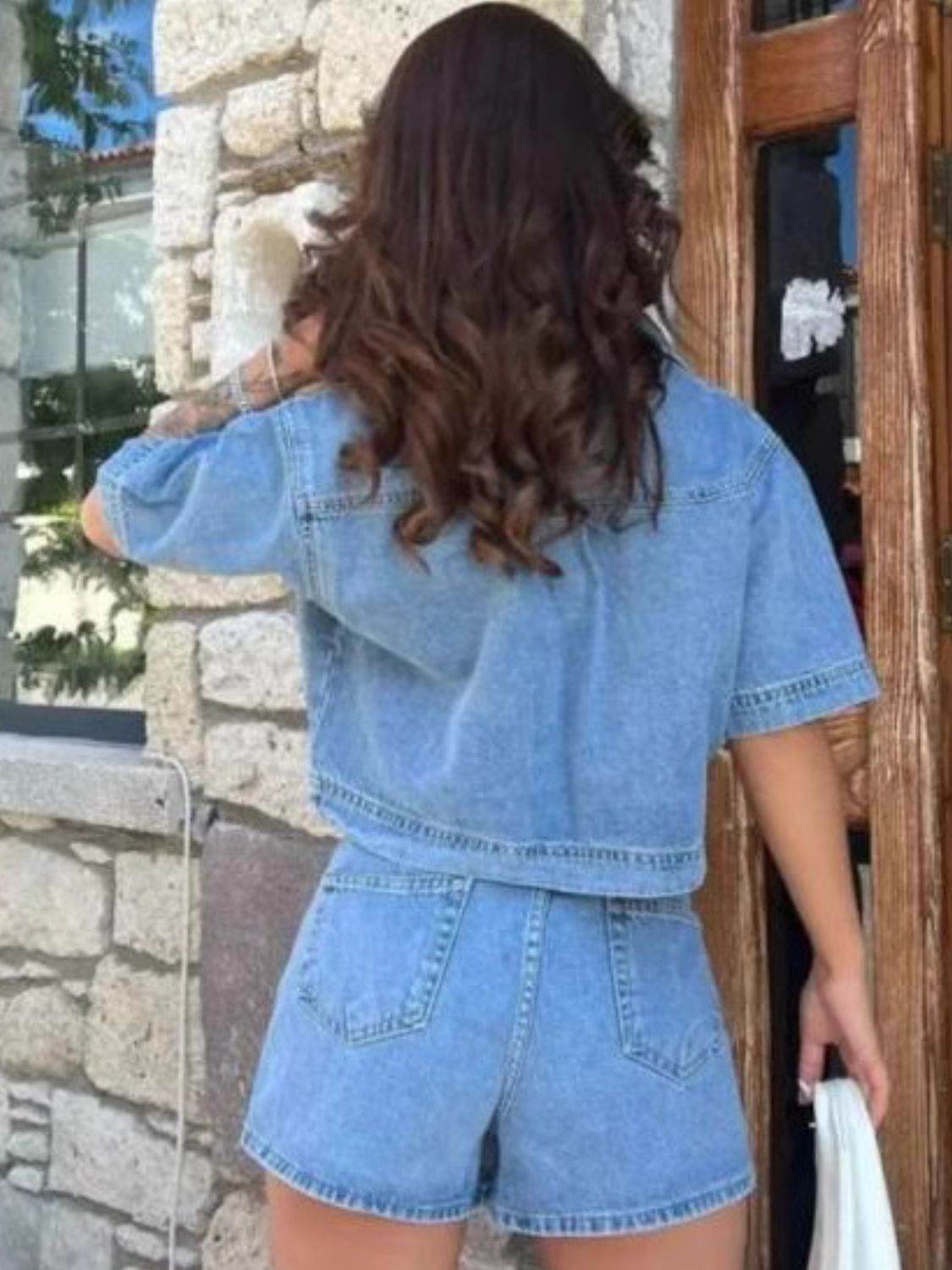 Johnny Collar Short Sleeve Top and Skort Denim Set - Hovatok