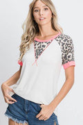 HeimishFull Size Leopard Round Neck Short Sleeve T-Shirt with Stitch Plus Size - Hovatok