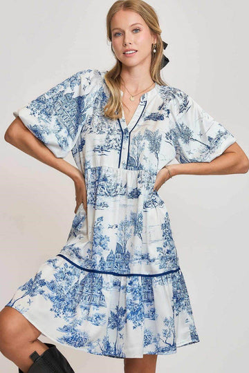 Umgee Full Size Two Tone Landscape Print Dress Plus Size - Hovatok