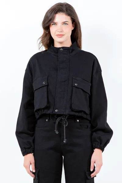 American Bazi Full Size Drawstring Hem Cargo Pocket Cropped Worker Jacket Plus Size - Hovatok