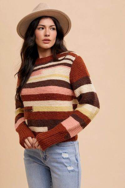 Annie Wear Color Block Round Neck Long Sleeve Sweater - Hovatok
