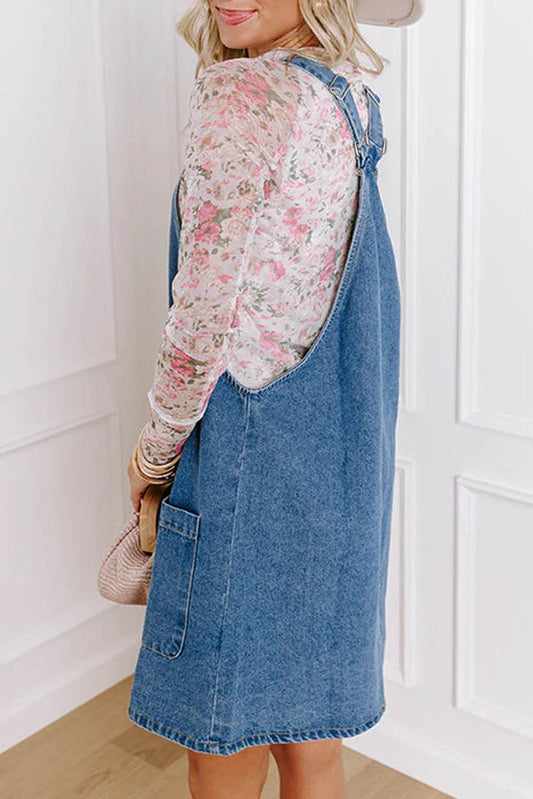 Square Neck Wide Strap Denim Overall Dress - Hovatok