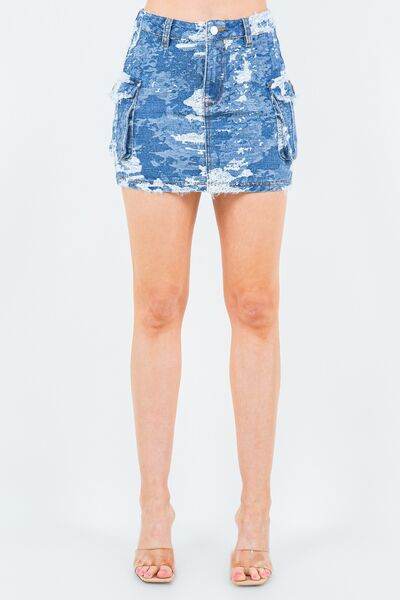 American Bazi Jacquard Trim Cargo Mini Denim Skirt - Hovatok