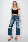 Risen Full Size High Rise Patch Detailed Wide Leg Crop Jeans - Hovatok