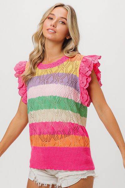 BiBi Pointelle Striped Ruffled Knit Top - Hovatok