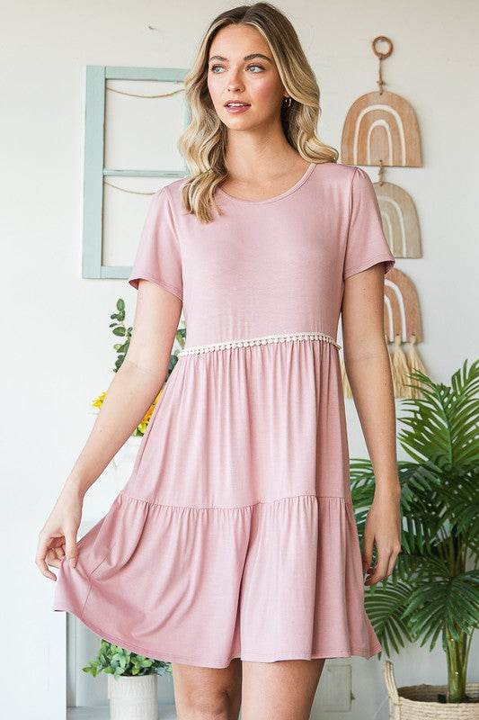 Heimish Full Size Solid Mini Tiered Dress with Pompom Lace Plus Size - Hovatok