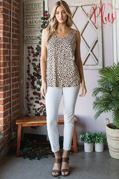 Heimish Full Size Front Button Animal Print Sleeveless Top Plus Size - Hovatok