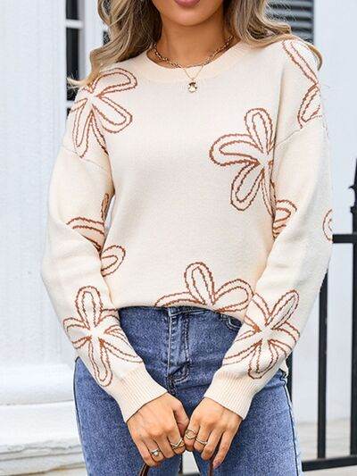 Angel Wings Flower Round Neck Dropped Shoulder Sweater - Hovatok