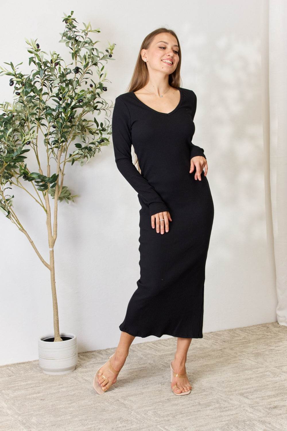 Culture Code Full Size Ribbed Long Sleeve Midi Slit Dress - Hovatok