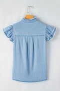 Button Down Raw Hem Ruffled Denim Shirt - Hovatok