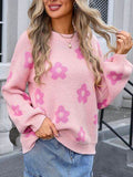 Angel Wings Flower Round Neck Dropped Shoulder Sweater - Hovatok