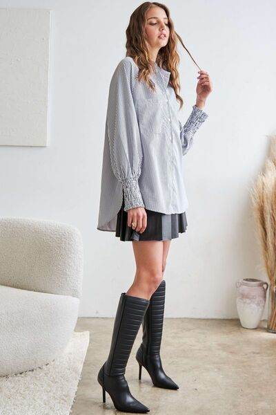 ADORA High-Low Striped Button Down Smocked Lantern Sleeve Shirt - Hovatok