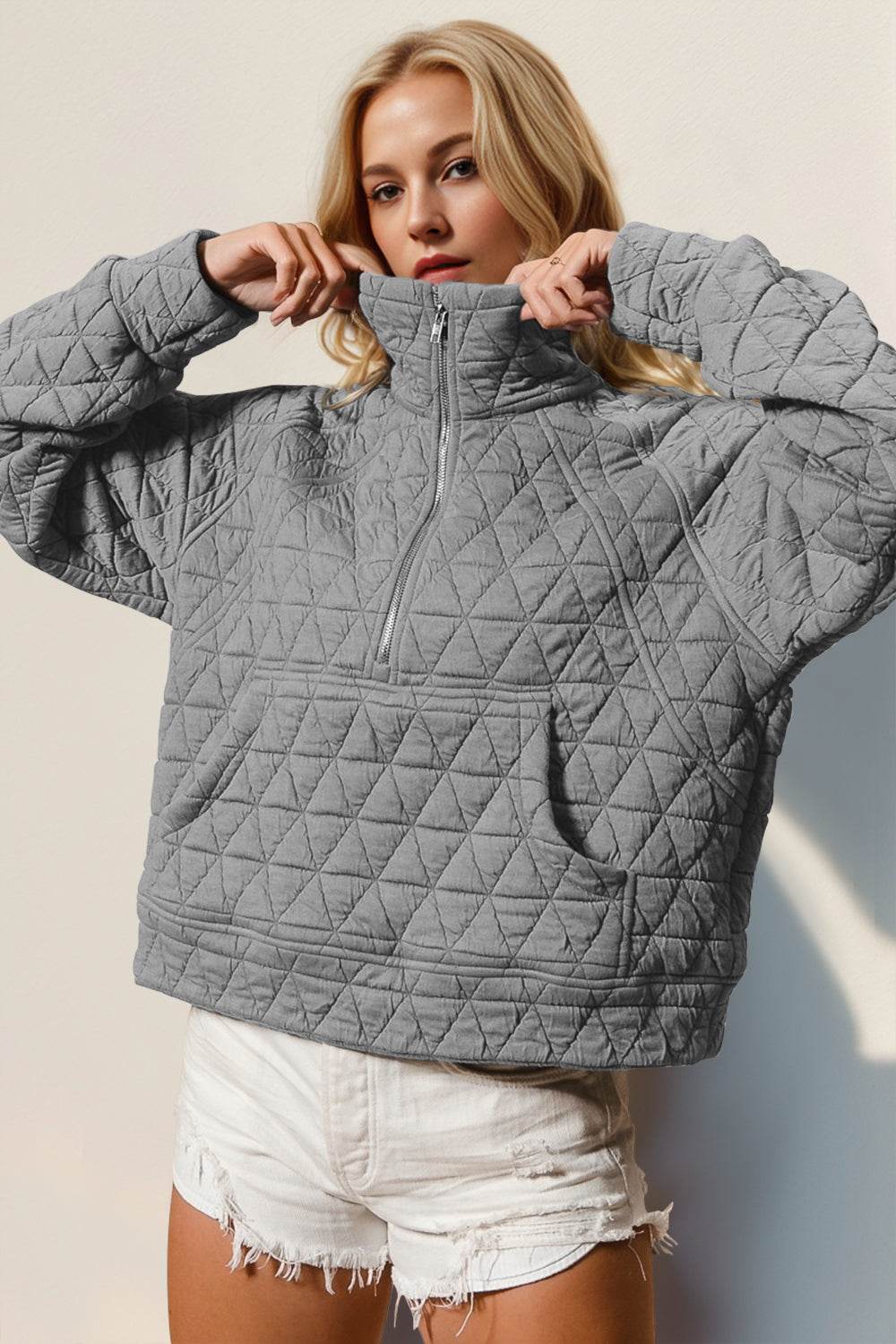 Double Take Half Zip Long Sleeve Quilted Sweatshirt with Pocket - Hovatok