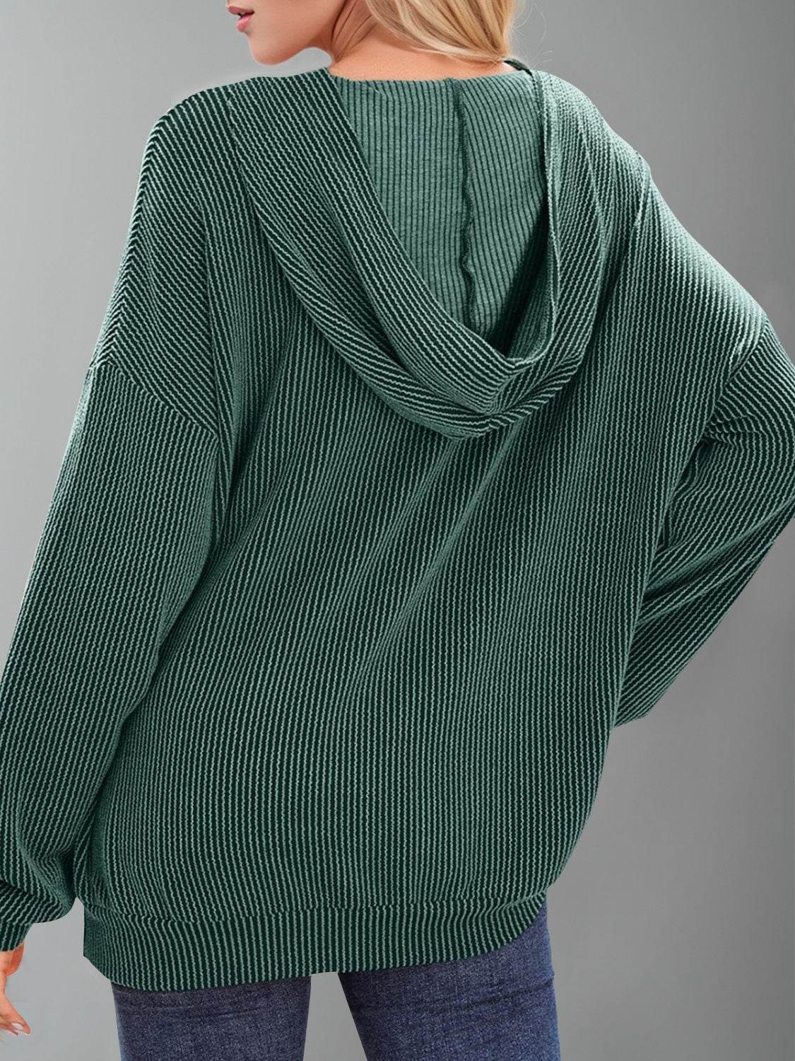 Double Take Textured Kangaroo Pocket Long Sleeve Hoodie - Hovatok