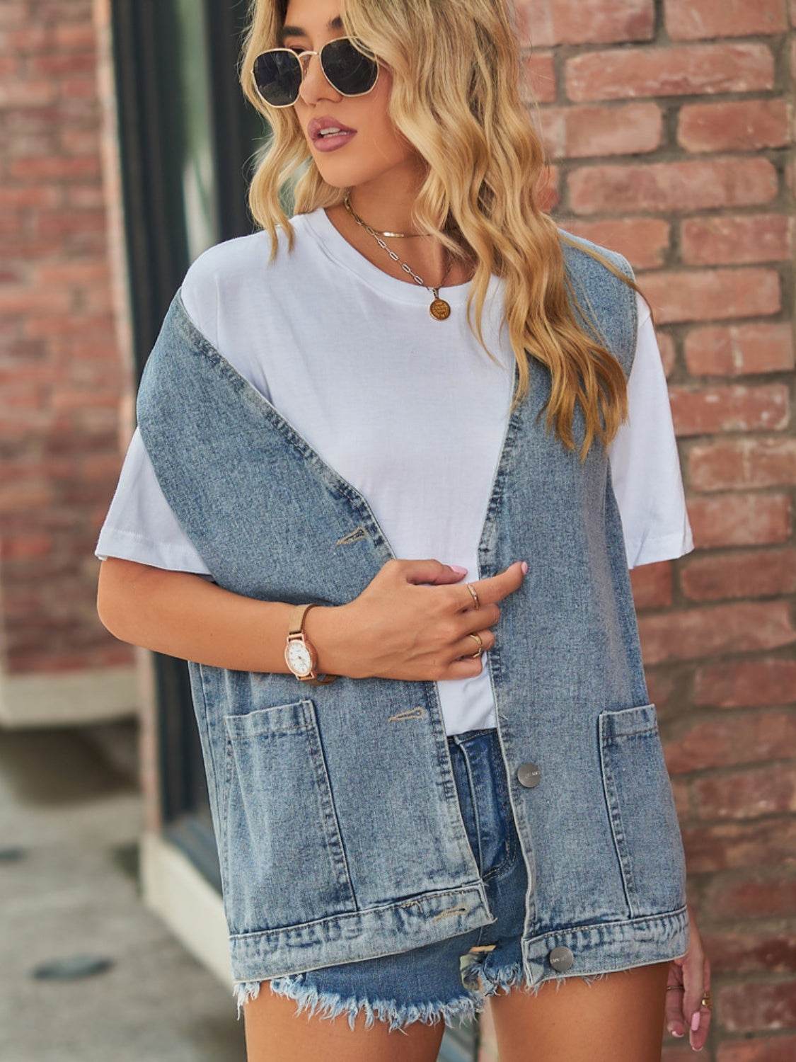 Full Size V-Neck Button Up Denim Vest - Hovatok