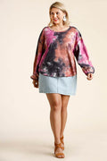 Umgee Full Size Tie Dye Round Neck Long Balloon Sleeve Top Plus Size - Hovatok