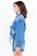 American Bazi Full Size Drop Shoulder Cropped Denim Jacket with Waist Strap Plus Size - Hovatok