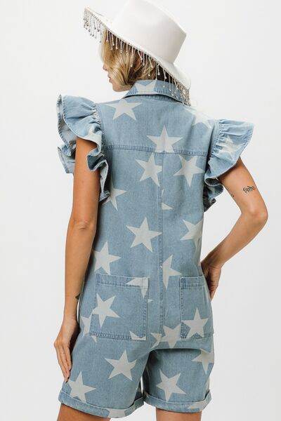 BiBi Ruffled Star Half Zip Denim Romper - Hovatok