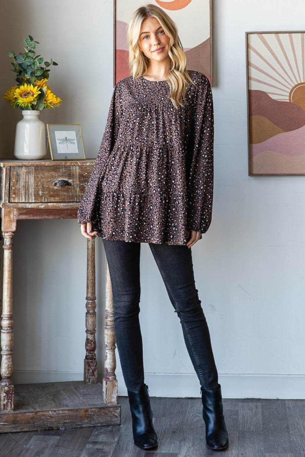 Heimish Leopard Long Sleeve Tiered Blouse - Hovatok
