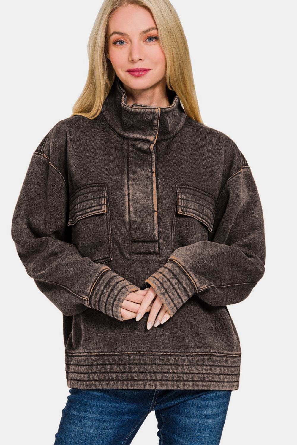 Zenana Acid Washed Half Snap Fleece Sweatshirt - Hovatok