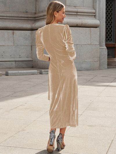 Surplice Puff Sleeve Midi Dress - Hovatok