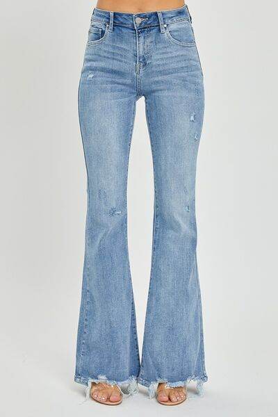 Risen Full Size High Rise Frayed Hem Flare Jeans - Hovatok
