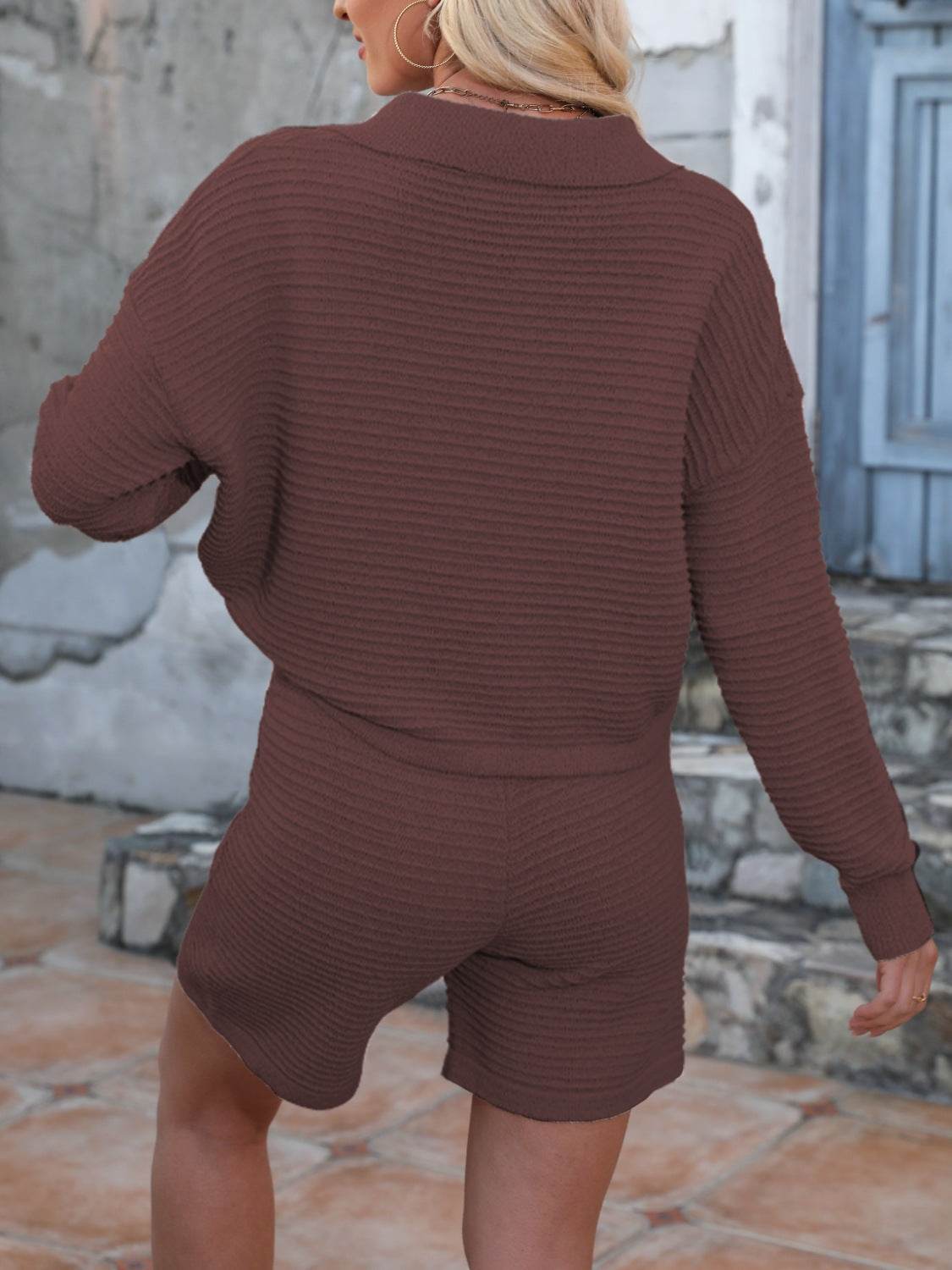 Johnny Collar Long Sleeve Top and Shorts Sweater Set - Hovatok