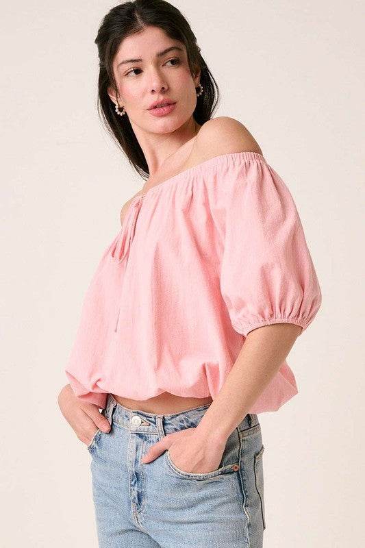 Mittoshop Linen Two-Way Short Sleeve Crop Blouse - Hovatok