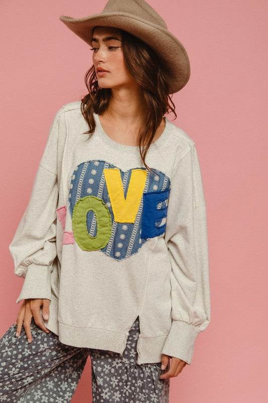BiBi LOVE Heart Patch Slit French Terry Sweatshirt - Hovatok