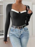 Perfee Ribbed Contrast Long Sleeve Bodysuit - Hovatok