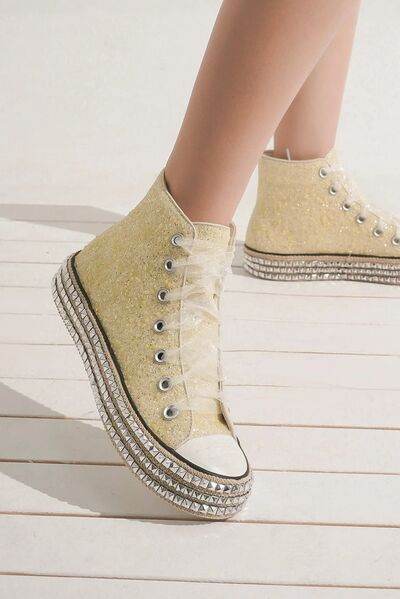 Beast Fashion Glitter Lace-Up Studded Platform Sneakers - Hovatok