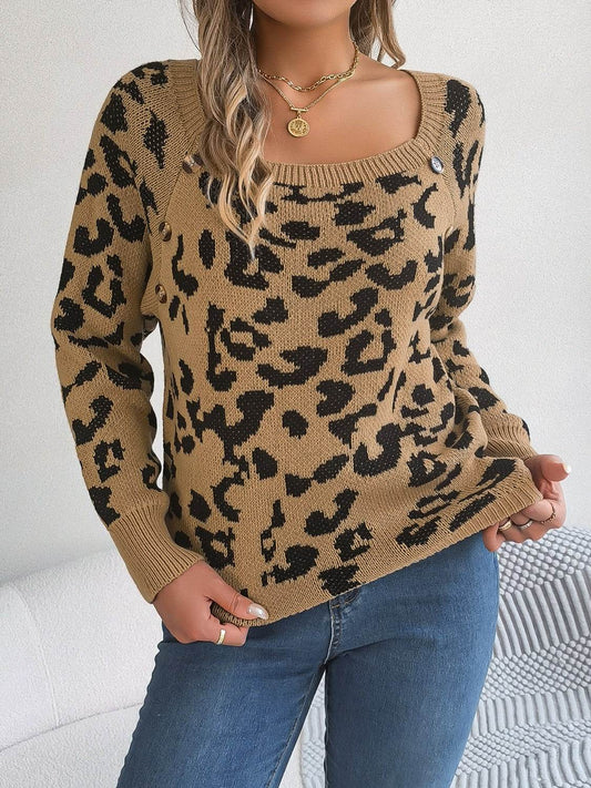 Leopard Buttoned Square Neck Sweater - Hovatok