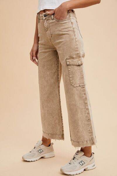 Annie Wear Raw Hem Wide Leg Jeans with Cargo Pockets - Hovatok