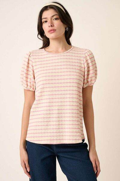 Mittoshop Contrast Striped Short Puff Sleeve Knit Top - Hovatok
