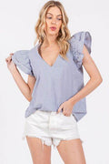 Ces Femme Striped V-Neck Ruffled Cap Sleeve Blouse - Hovatok
