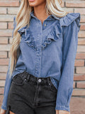 Ruffled Collared Neck Long Sleeve Denim Top - Hovatok