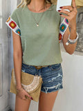 Devine Swiss Dot Round Neck Crochet Short Sleeve Top - Hovatok