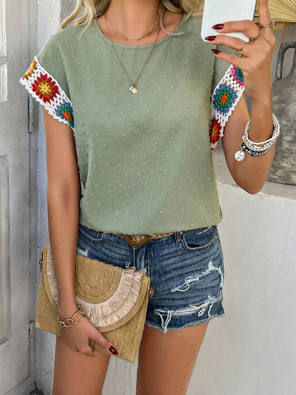 Devine Swiss Dot Round Neck Crochet Short Sleeve Top - Hovatok