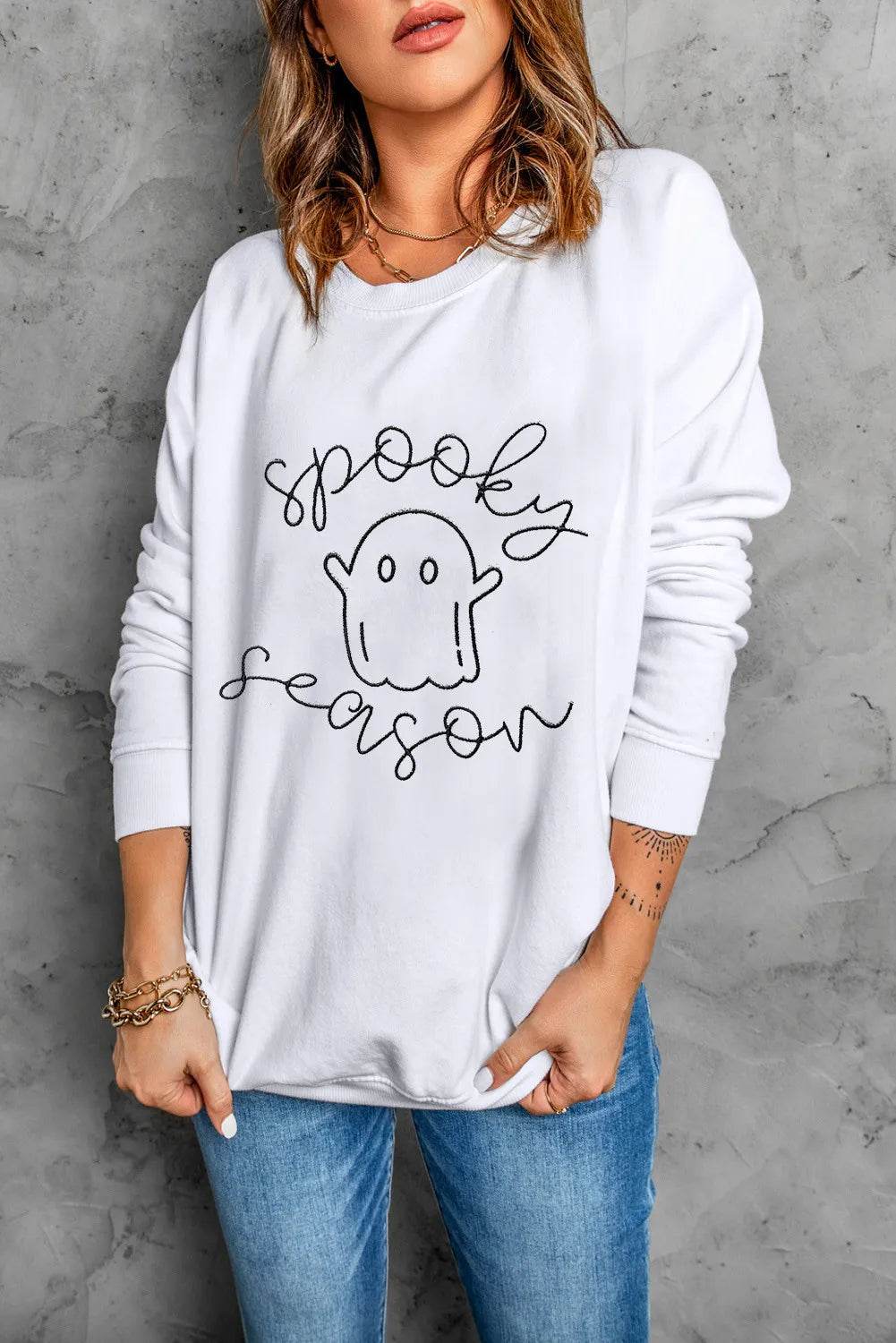 Ghost Graphic Long Sleeve Dropped Shoulder Sweatshirt - Hovatok