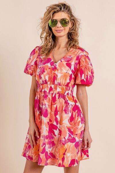 BiBi Floral V-Neck Puff Sleeve Mini Dress - Hovatok