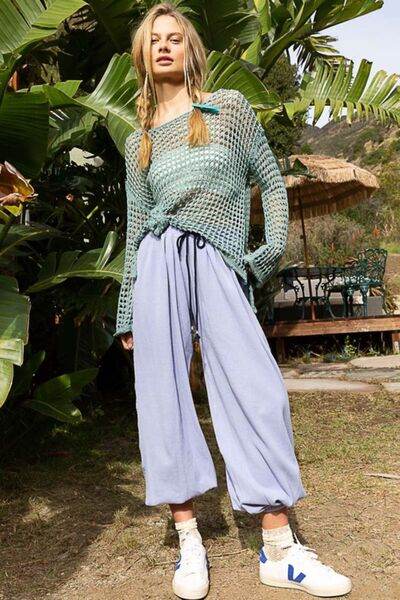 POL Side Slit Openwork Long Sleeve Knit Cover Up - Hovatok