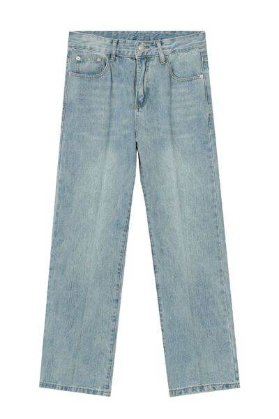 Mid Rise Wide Straight Jeans with Pockets - Hovatok