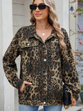 Pocketed Leopard Long Sleeve Denim Jacket - Hovatok