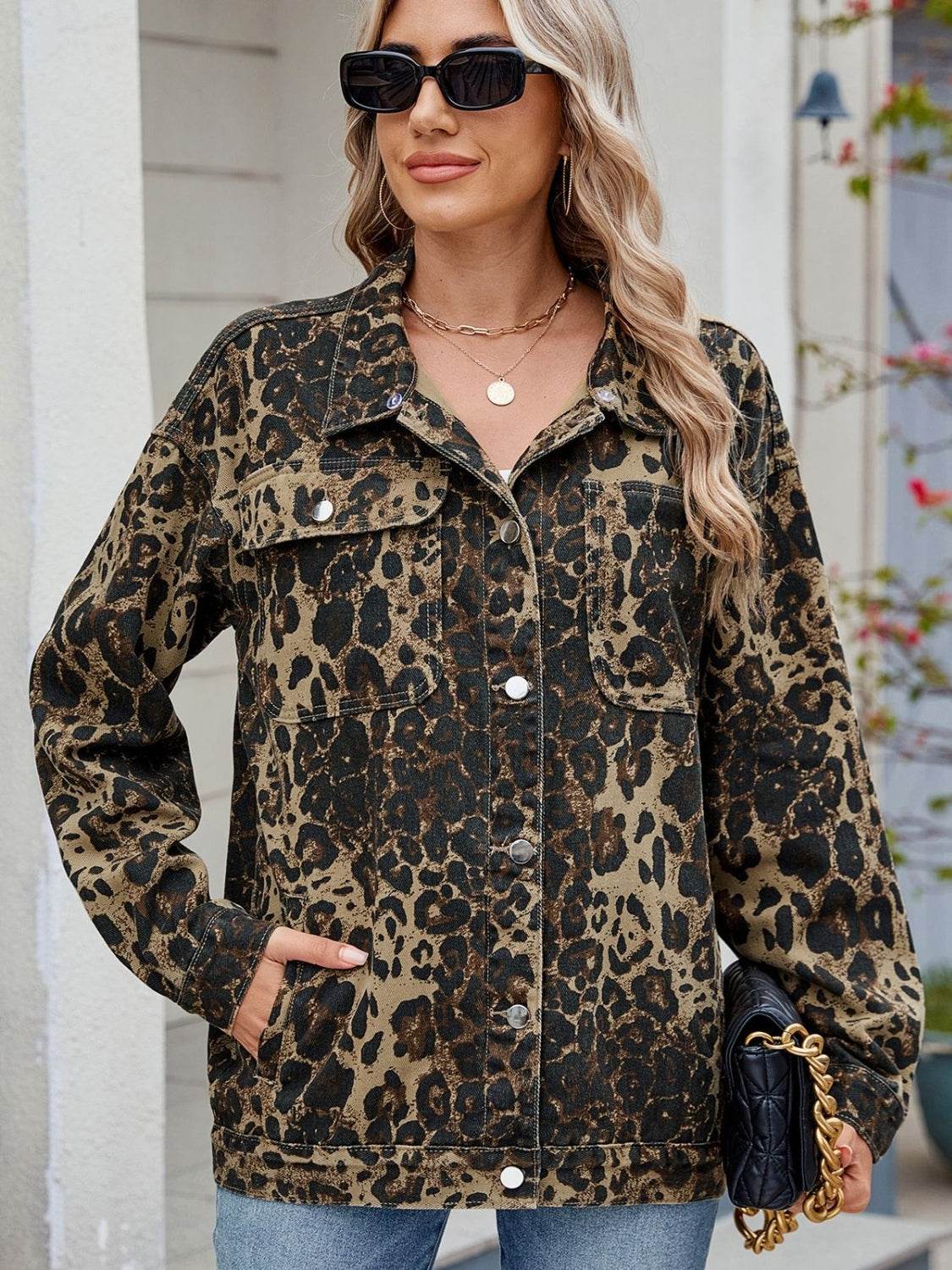 Pocketed Leopard Long Sleeve Denim Jacket - Hovatok