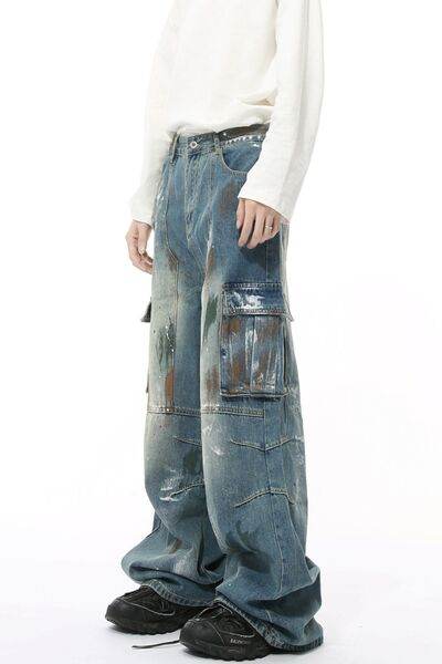 Waste Soil Style Jeans with Cargo Pockets - Hovatok