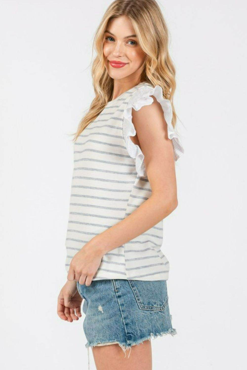 Ces Femme Contrast Striped Ruffled Cap Sleeve Blouse - Hovatok
