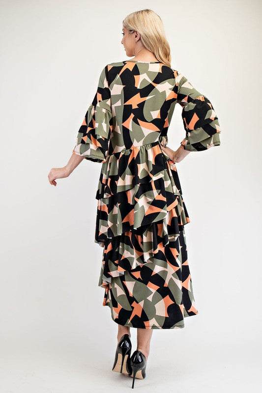 Celeste Full Size Printed Asymmetrical Ruffle Midi Dress Plus Size - Hovatok