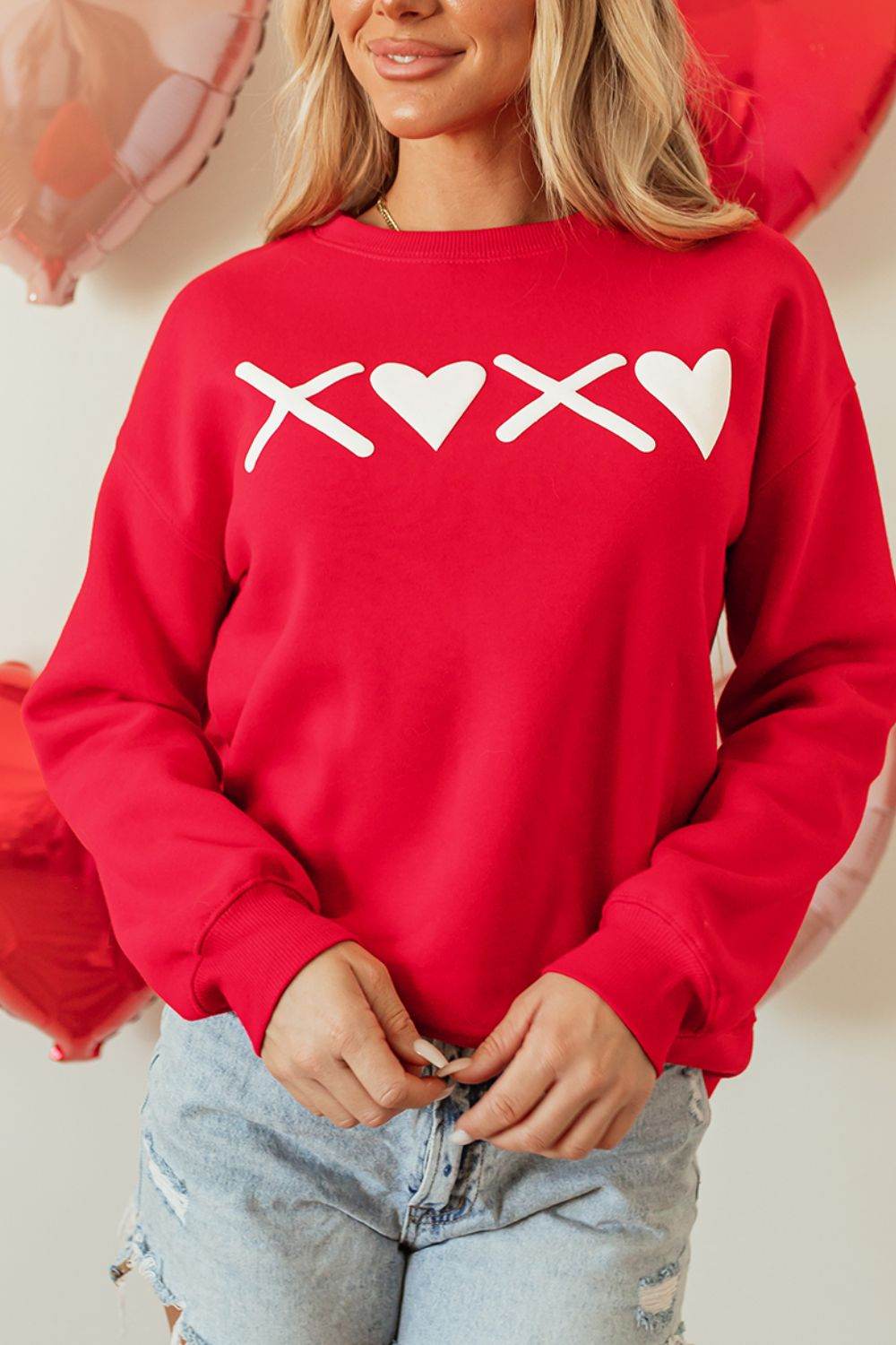 Valentine’s Day XOXO Round Neck Drop Shoulder Sweatshirt - Hovatok