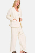Zenana Quilted Button Up Long Sleeve Top and Pants Lounge Set - Hovatok